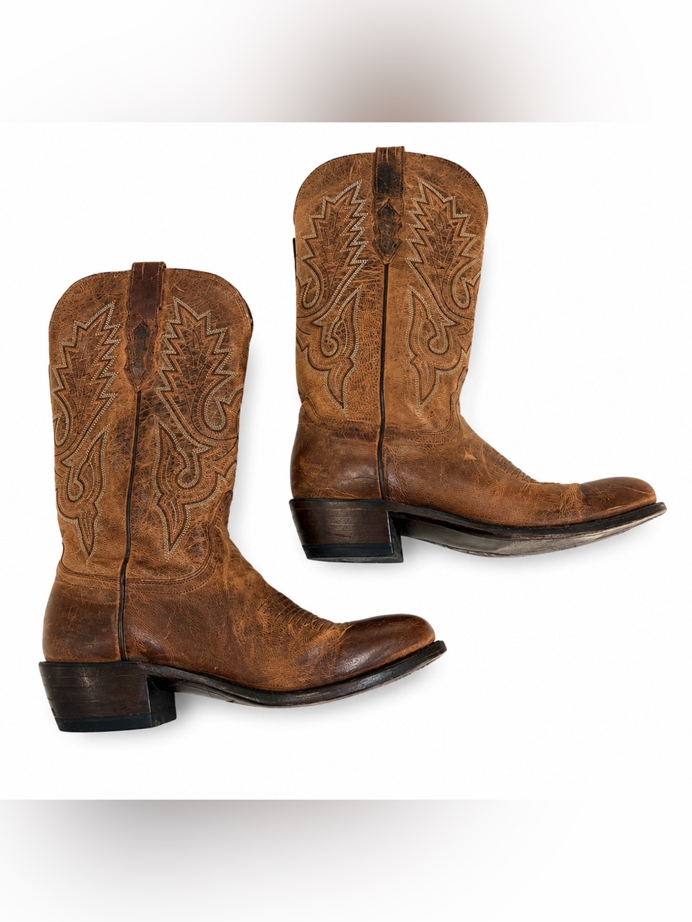 Lucchese Men’s Brown Leather Cowboy Boots Size 8.5 D Western Embroidered Roper T